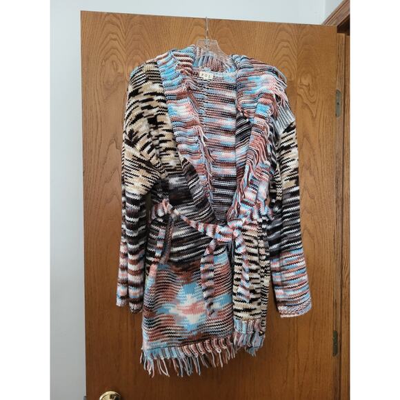 POL Women's Boho Desert Multicolor Belted Sunset Striped Cardigan EUC Large - Picture 6 of 7